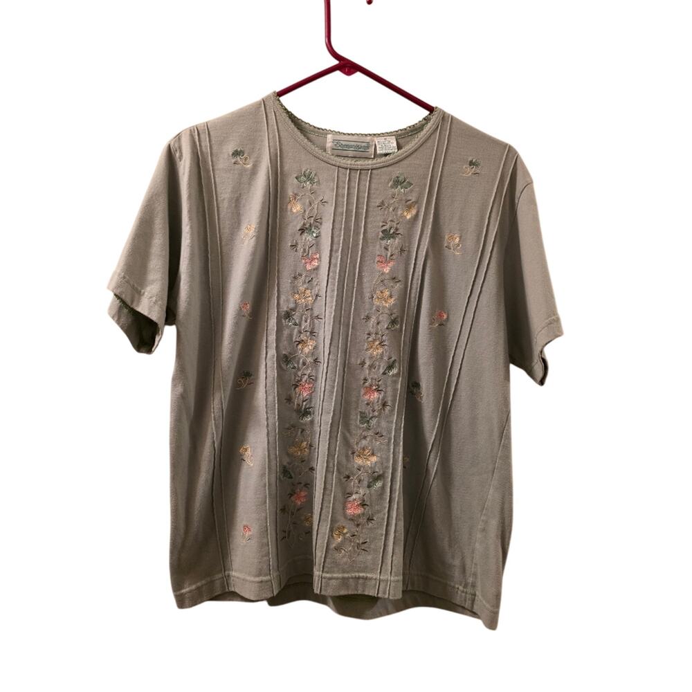 Vtg Womens Floral Embroidered Sage Green Blouse Heritage Cottagecore Grandmacore